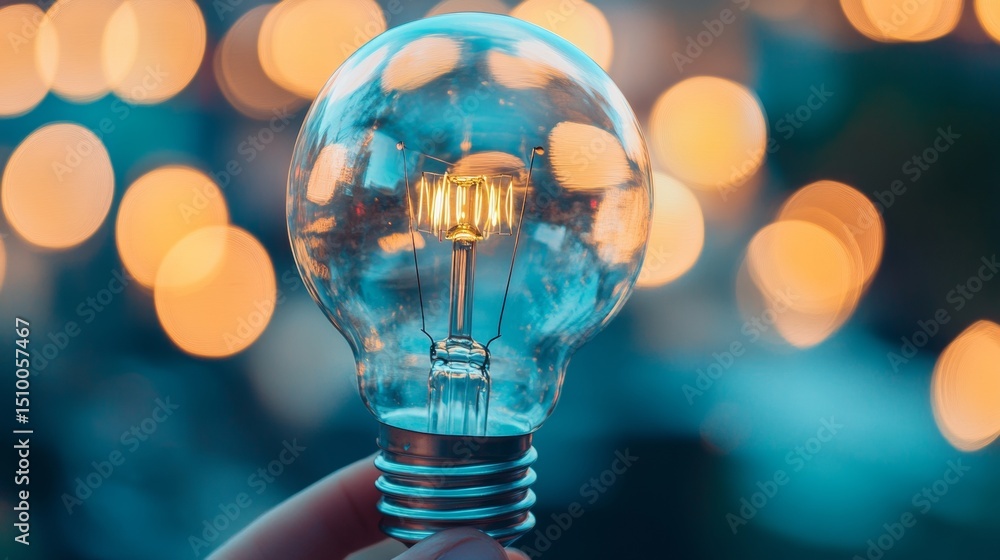 Poster hand holding glass lightbulb with bokeh background in creative idea concept visual expression
