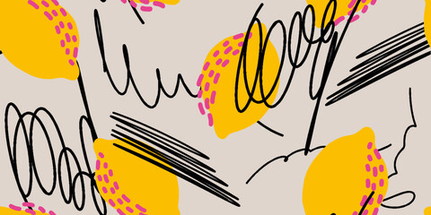 Lemon Scribbles A Fun & Colorful Fruit Illustration Seamless Pattern