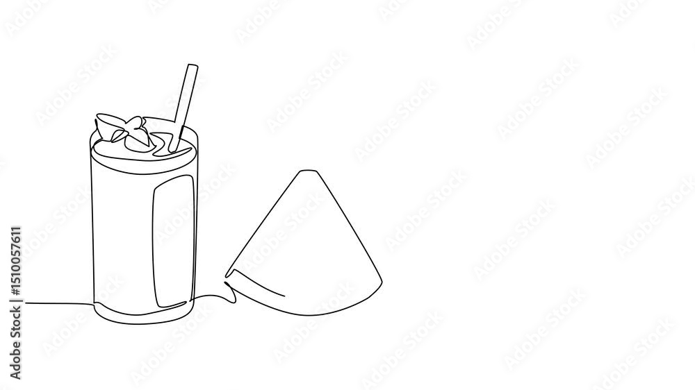 Poster self drawing animation of continuous one line drawing glass of watermelon juice with straw and leaf 