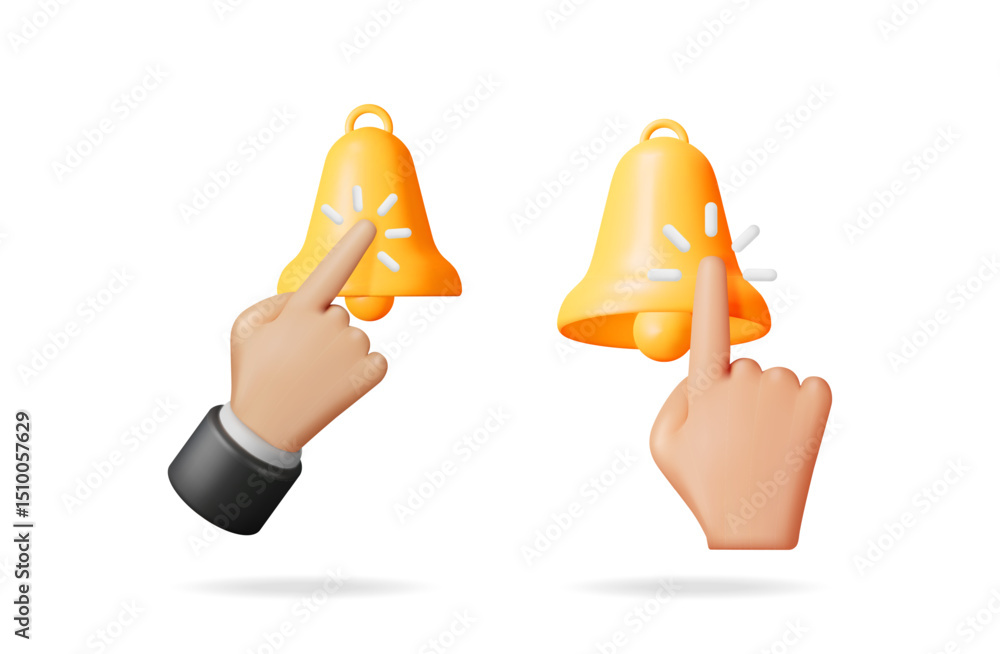 Poster man hand touching alert notification bell. reminder and upcoming event concept for schedule and onli