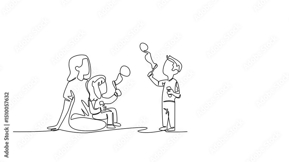 Poster animation of single continuous line drawing happy family playing soap bubbles together. endless happ