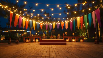 A festival dais with string lights and colorful banners at night