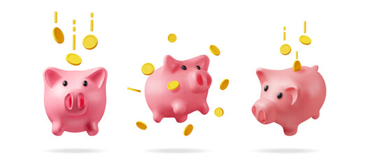 Collection of three pink piggy bank with gold coin. Money saving concept. Financial education for kid. 3d vector illustration.