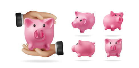 Human hands holding pink piggy bank. Set of isolated 3d piggy bank. Money saving, financial investment, business growth concept.