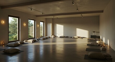 Fototapeta premium Serene Yoga Studio Interior Tranquil Ambiance with Natural Light and Meditation Cushions