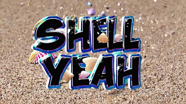 Colorful text 'SHELL YEAH' exploding from sand, creating a dynamic and energetic scene. The background features a sandy texture with scattered particles.