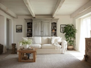 Light beige living room with wooden beams and furniture.
