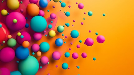 Abstract 3D colorful spheres floating on bright orange background with fun modern art design