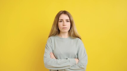 Young woman expressing different emotions on yellow background