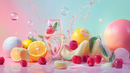 Colorful fruit drinks and summer ice cream scoops on pink pastel table with light splash
