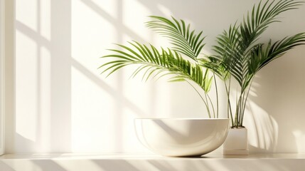 Indoor green plant in white pot with daylight shadows and pastel wall background design composition