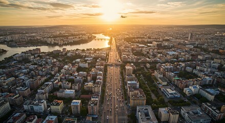Aerial view of Washington D.C. at sunset. A picturesque panorama of the city with the National Mall and the setting sun casting a warm glow