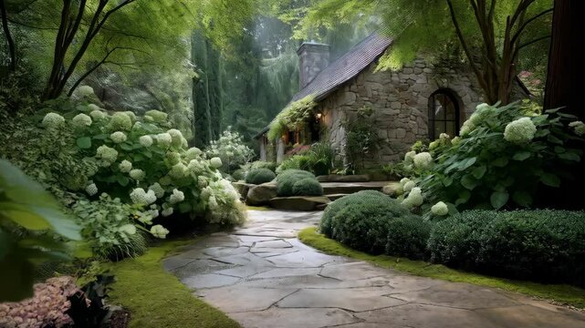Stone cottage nestled in lush green garden with flagstone pathway and mature landscaping creating a peaceful retreat
