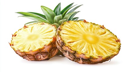 Two halves of a ripe pineapple with leaves.