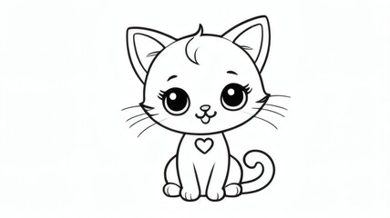 Fototapeta premium Cute Cartoon Cat Drawing With Hearts Coloring Page, Children’s Illustration, White Background