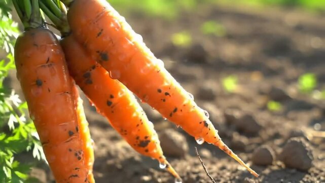 Freshly Harvested Carrots With Water Drops In A Farm Setting