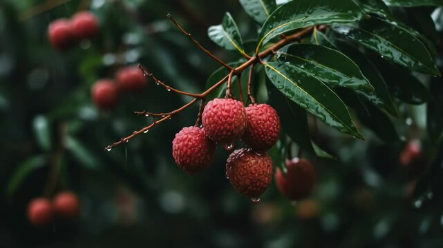 Lush lychee fruits hanging from a vibrant green branch, glistening with raindrops in a tropical garden setting - lychee on tree