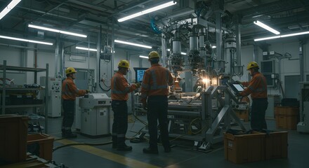 Fototapeta premium Inside the Modern Factory Workers Operating Industrial Machinery, Demonstrating Technology and Production with Focus on Efficiency