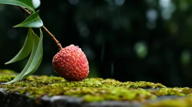 Fresh lychee fruit hanging from a branch, glistening with raindrops, surrounded by lush green foliage in a tropical setting - lychee on tree