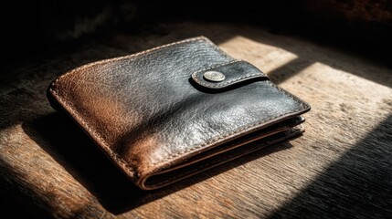 Top view of closed black leather wallet on rustic wooden surface with dramatic sunlight perfect for finance blogs, savings concepts, and personal economy or budgeting visuals