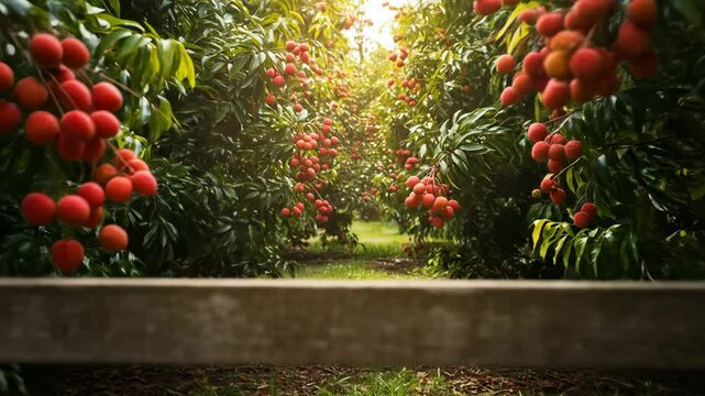 Lush fruit orchard with vibrant red lychees hanging from trees, sunlight filtering through leaves, inviting entrance through wooden gate - lychee on tree
