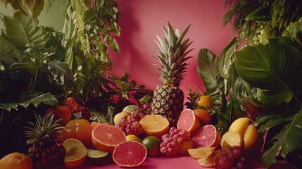 Vibrant fruit arrangement against a bold crimson backdrop.