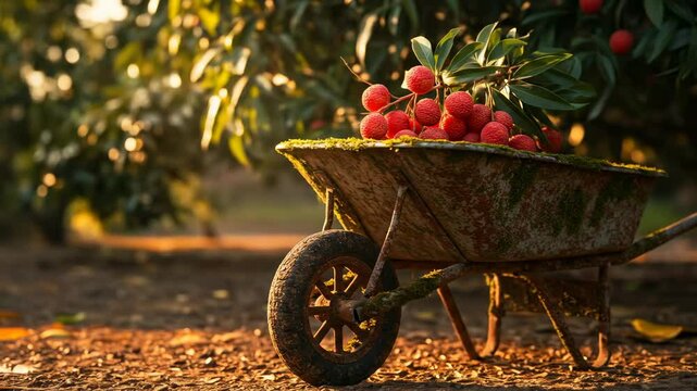 A rustic wheelbarrow filled with fresh lychees sits on the ground in a lush orchard, surrounded by vibrant greenery and sunlight - lychee on tree