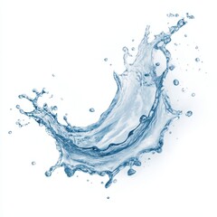 fresh water splash on white background, isolated blue water splash in mid-air, curved water splash with droplets on white background, mineral water splash, water splash isolated, easy to cutout