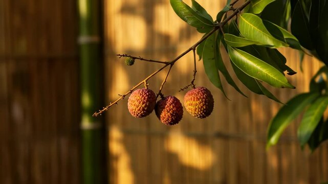 Ripe lychees hanging from a branch against a blurred bamboo backdrop, showcasing the beauty of tropical fruit in nature - lychee on tree