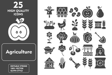 Agriculture Glyph Icon Set. Incleded Icons Scarecrow, Tree, Water Well, Sack, Greenhouse, Corn, Rake, Wheat, Seed Bag. Vector Icons Collection