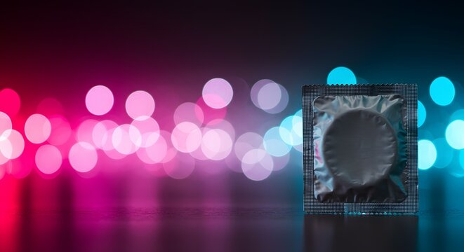 Condom in a sealed silver wrapper rests on a dark reflective surface against a colorful background of glowing blurred light orbs.