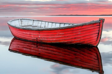 Red rowboat on calm water at sunset