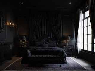 Dark bedroom interior design with dramatic lighting and rich fabrics.