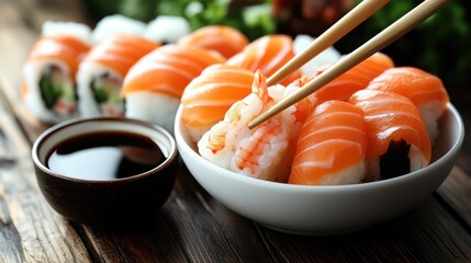 Exquisite sushi platter with sashimi salmon nigiri maki and prawn on wooden surface vibrant delicious food culture culinary delight japanese cuisine