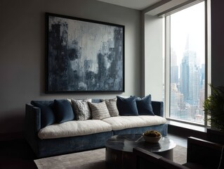 Contemporary living room with a modern couch and city view.