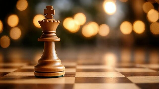 Chess king piece strategy on board with bokeh background