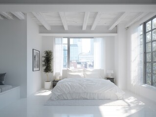 A bright, modern bedroom with a city view.