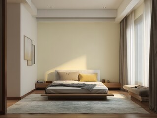 A contemporary bedroom with natural light and warm tones.