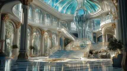 Fototapeta premium Elegant interior of a grand mansion featuring a luxurious staircase and large glass dome