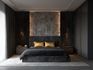 Elegant bedroom interior design with dark gray velvet bed and gold accents.