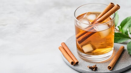 Cider with apples and spices. Refreshing drink with ice and cinnamon sticks, served on a textured surface.