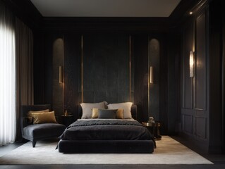 A luxurious bedroom interior with dark tones and gold accents.