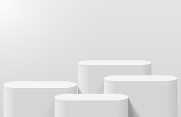 Abstract realistic white 3d round podium for product display in light room shining from left corner. Minimal wall scene for product display mockup. Vector geometric platform. 3d stage vector rendering