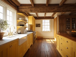 Sunny yellow kitchen with rustic wooden beams.