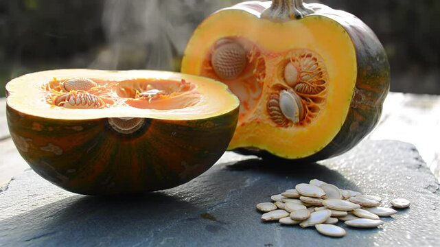 Steaming Winter Squash Showing Flesh And Seeds On Display