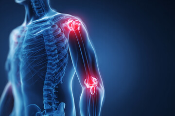 Human skeletal system illustration showing red highlights at the elbow joints and shoulder joint in a medical context