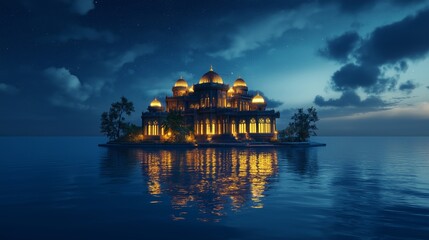Obraz premium Mysterious illuminated castle reflects in waters near a rocky shore at dusk in a serene landscape