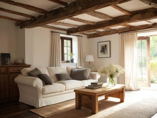 Rustic living room with a neutral color palette.