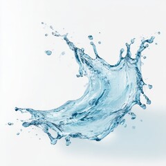 fresh water splash on white background, isolated blue water splash in mid-air, curved water splash with droplets on white background, mineral water splash, water splash isolated, easy to cutout