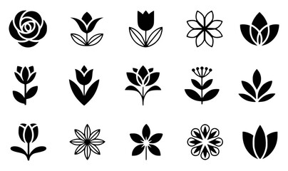 Collection of black and white floral icons and elements